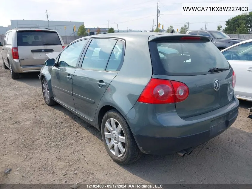 2008 Volkswagen Rabbit VIN: WVWCA71KX8W227403 Lot: 12102400