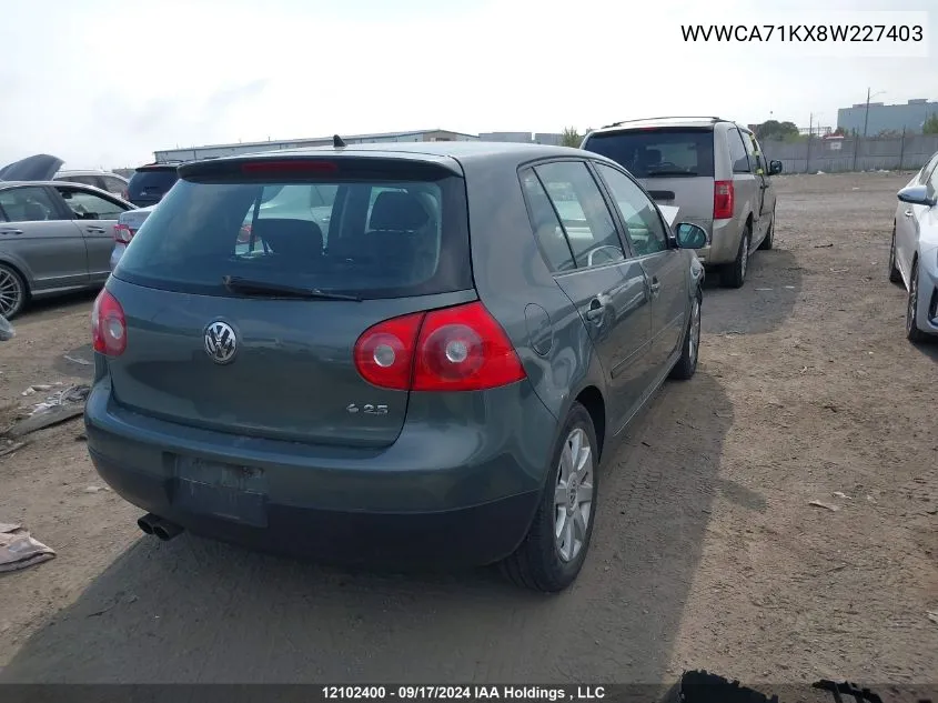 2008 Volkswagen Rabbit VIN: WVWCA71KX8W227403 Lot: 12102400