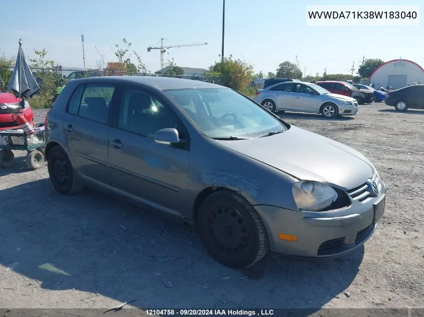 2008 Volkswagen Rabbit VIN: WVWDA71K38W183040 Lot: 12104758