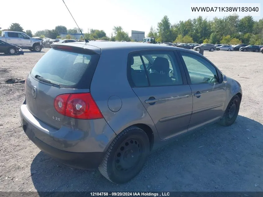 2008 Volkswagen Rabbit VIN: WVWDA71K38W183040 Lot: 12104758