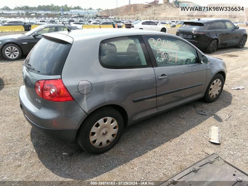 2008 Volkswagen Rabbit S VIN: WVWAB71K98W336634 Lot: 39974163