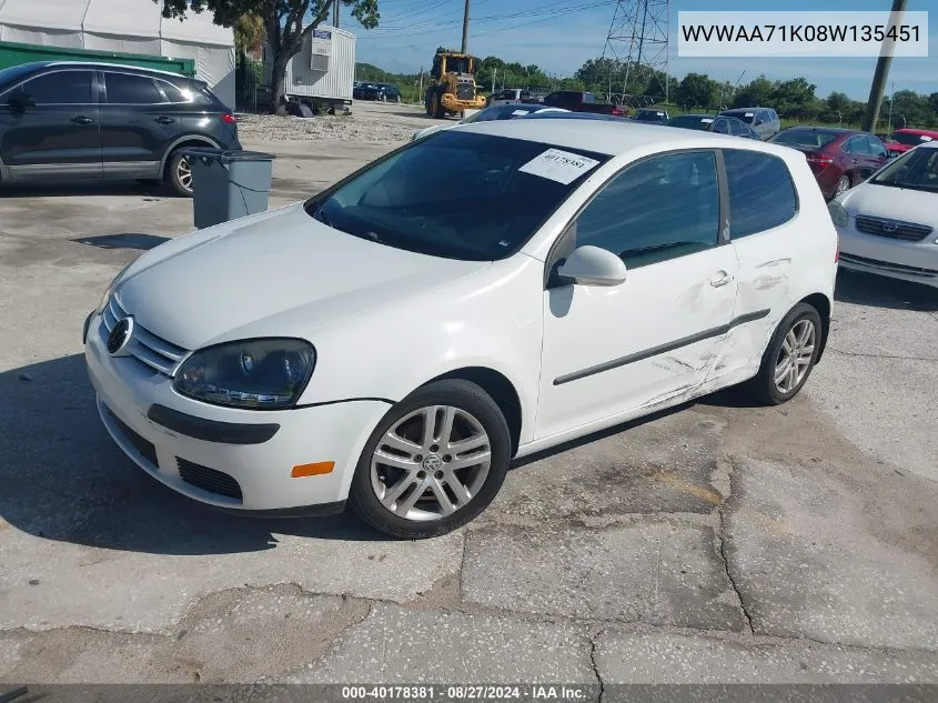 2008 Volkswagen Rabbit S VIN: WVWAA71K08W135451 Lot: 40178381