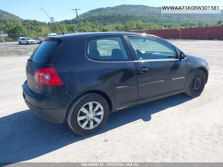 2008 Volkswagen Rabbit S VIN: WVWAA71K08W301581 Lot: 40506110