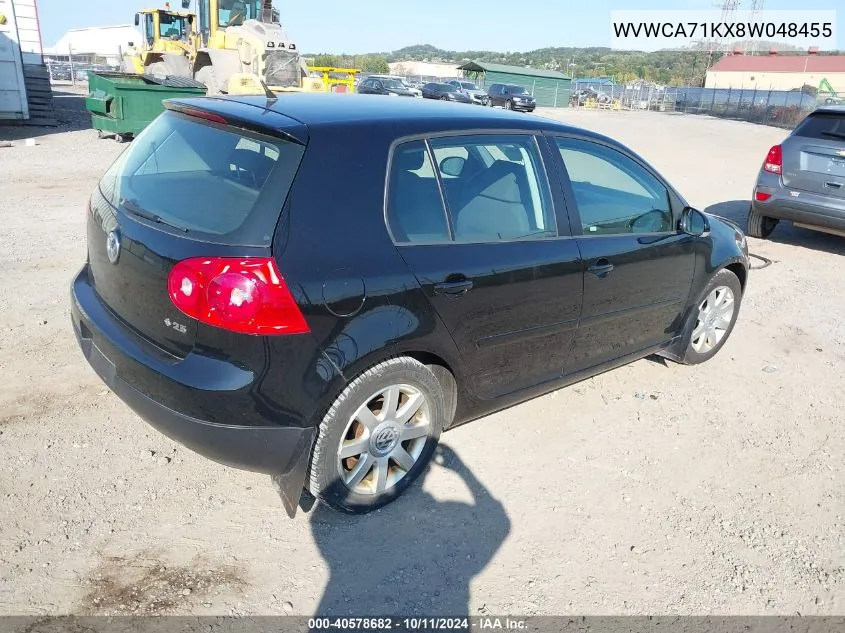 2008 Volkswagen Rabbit S VIN: WVWCA71KX8W048455 Lot: 40578682