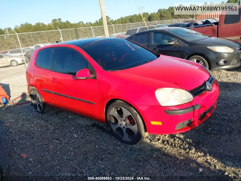 2008 Volkswagen Rabbit S VIN: WVWAA71K88W195963 Lot: 40599883