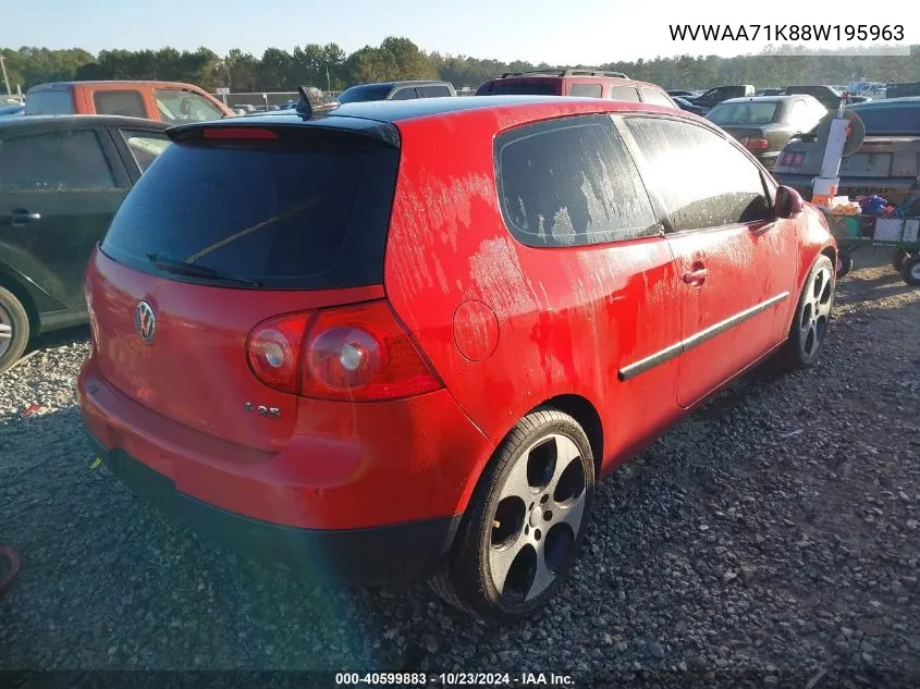 2008 Volkswagen Rabbit S VIN: WVWAA71K88W195963 Lot: 40599883