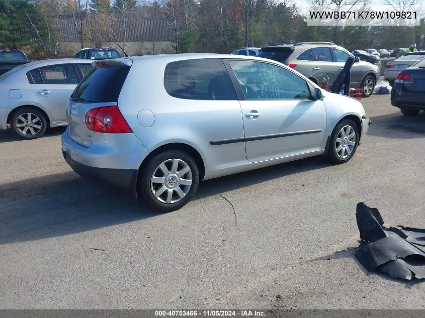 2008 Volkswagen Rabbit S VIN: WVWBB71K78W109821 Lot: 40753466