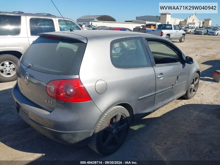 2009 Volkswagen Rabbit S VIN: WVWAA71K29W040942 Lot: 40439714