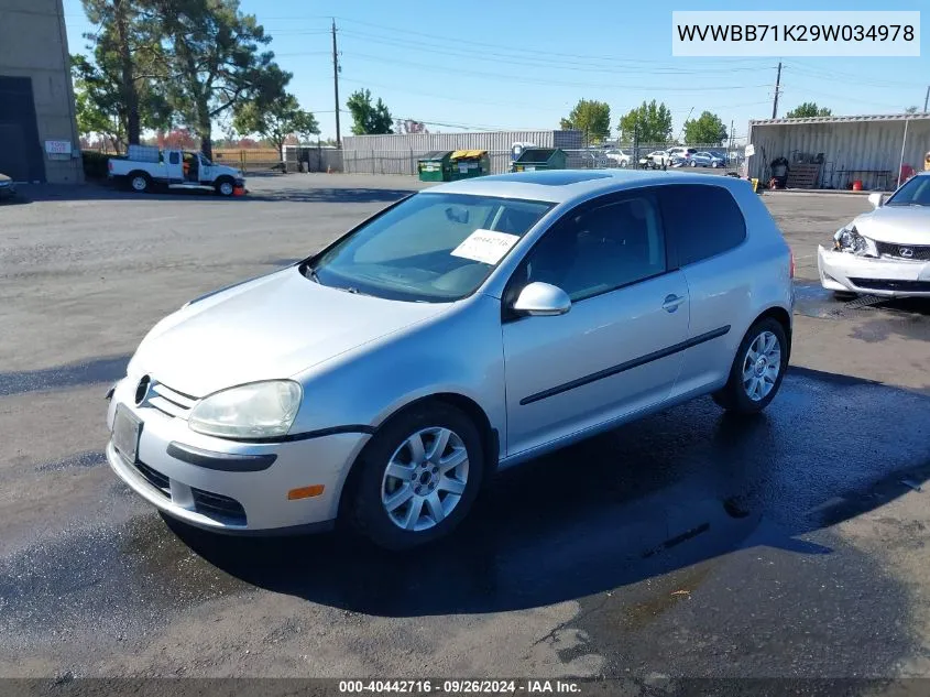 2009 Volkswagen Rabbit S VIN: WVWBB71K29W034978 Lot: 40442716