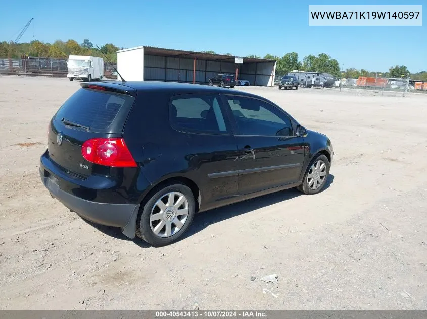 2009 Volkswagen Rabbit S VIN: WVWBA71K19W140597 Lot: 40543413