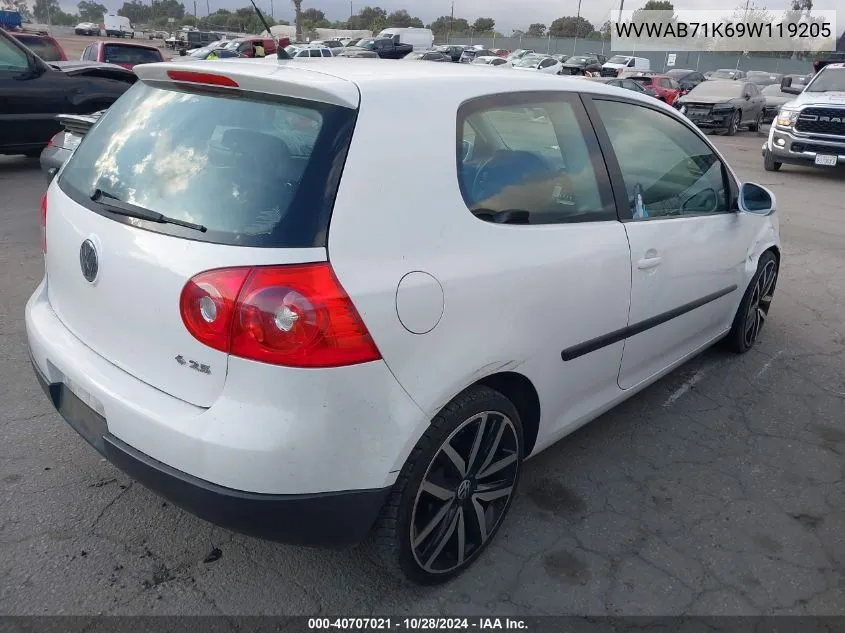 2009 Volkswagen Rabbit S VIN: WVWAB71K69W119205 Lot: 40707021