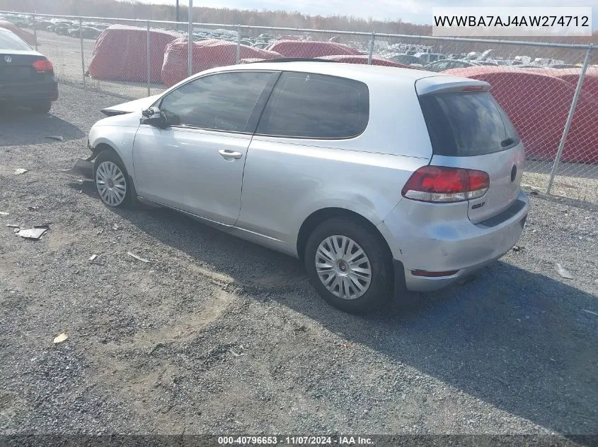 2010 Volkswagen Golf 2-Door VIN: WVWBA7AJ4AW274712 Lot: 40796653