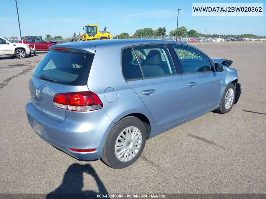 2011 Volkswagen Golf 2.5L 4-Door VIN: WVWDA7AJ2BW020362 Lot: 40245005