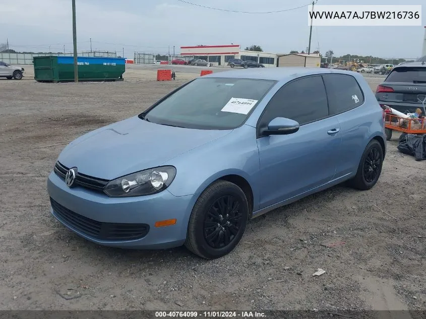 2011 Volkswagen Golf 2.5L 2-Door VIN: WVWAA7AJ7BW216736 Lot: 40764099