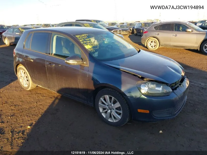 2012 Volkswagen Golf VIN: WVWDA7AJ3CW194894 Lot: 12151619