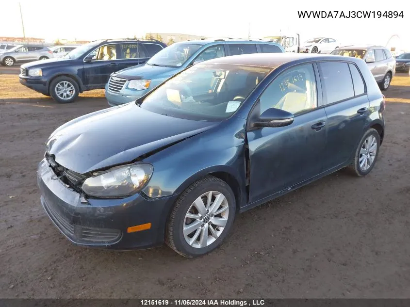 2012 Volkswagen Golf VIN: WVWDA7AJ3CW194894 Lot: 12151619