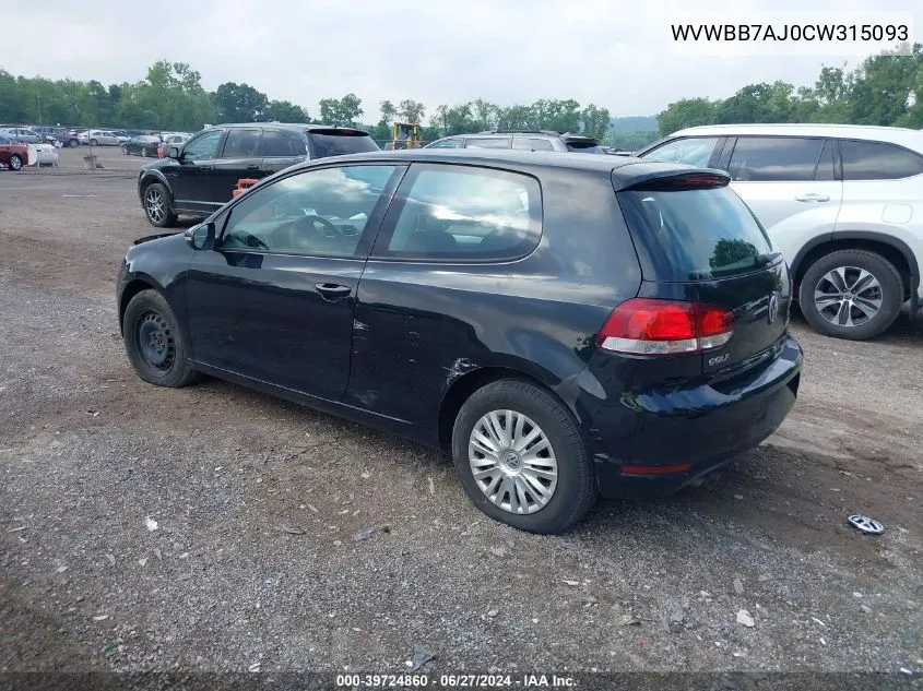 2012 Volkswagen Golf 2.5L 2-Door VIN: WVWBB7AJ0CW315093 Lot: 39724860