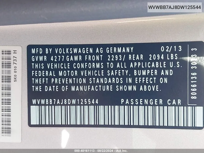 2013 Volkswagen Golf 2.5L 2-Door VIN: WVWBB7AJ8DW125544 Lot: 40161113