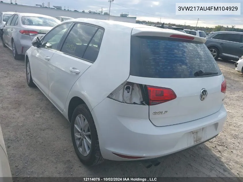 2015 Volkswagen Golf VIN: 3VW217AU4FM104929 Lot: 12114075