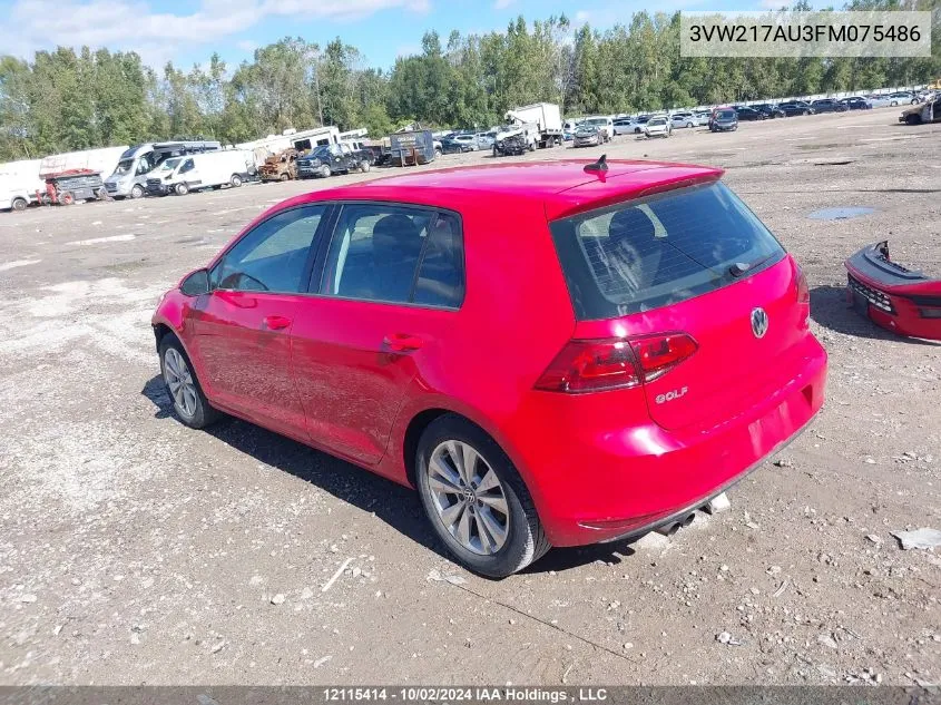 2015 Volkswagen Golf VIN: 3VW217AU3FM075486 Lot: 12115414