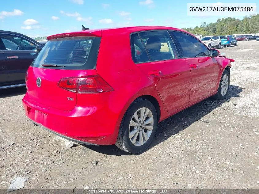 2015 Volkswagen Golf VIN: 3VW217AU3FM075486 Lot: 12115414