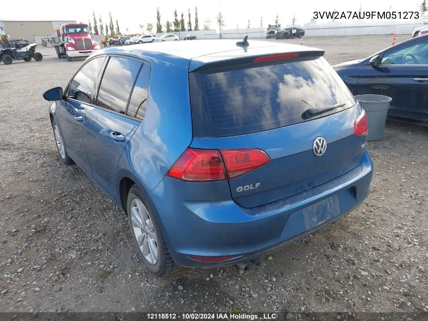 2015 Volkswagen Golf Tdi VIN: 3VW2A7AU9FM051273 Lot: 12118512