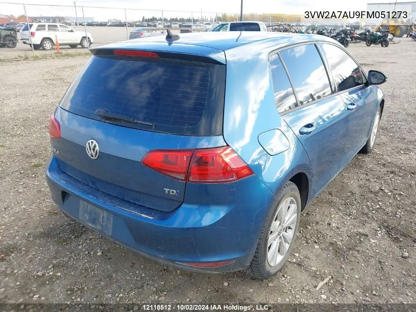 2015 Volkswagen Golf Tdi VIN: 3VW2A7AU9FM051273 Lot: 12118512