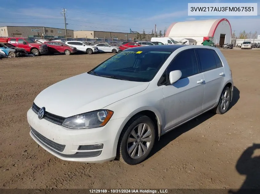 2015 Volkswagen Golf VIN: 3VW217AU3FM067551 Lot: 12129169