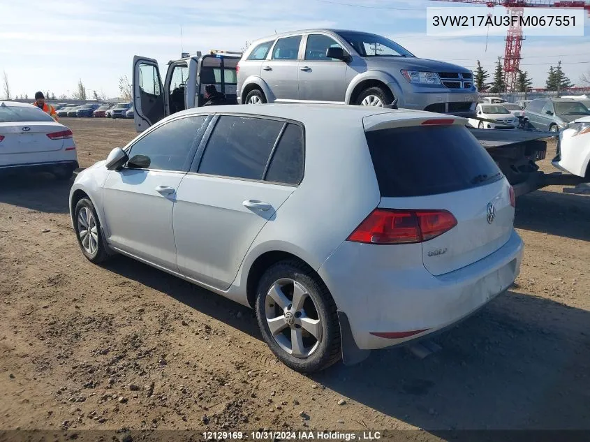 2015 Volkswagen Golf VIN: 3VW217AU3FM067551 Lot: 12129169