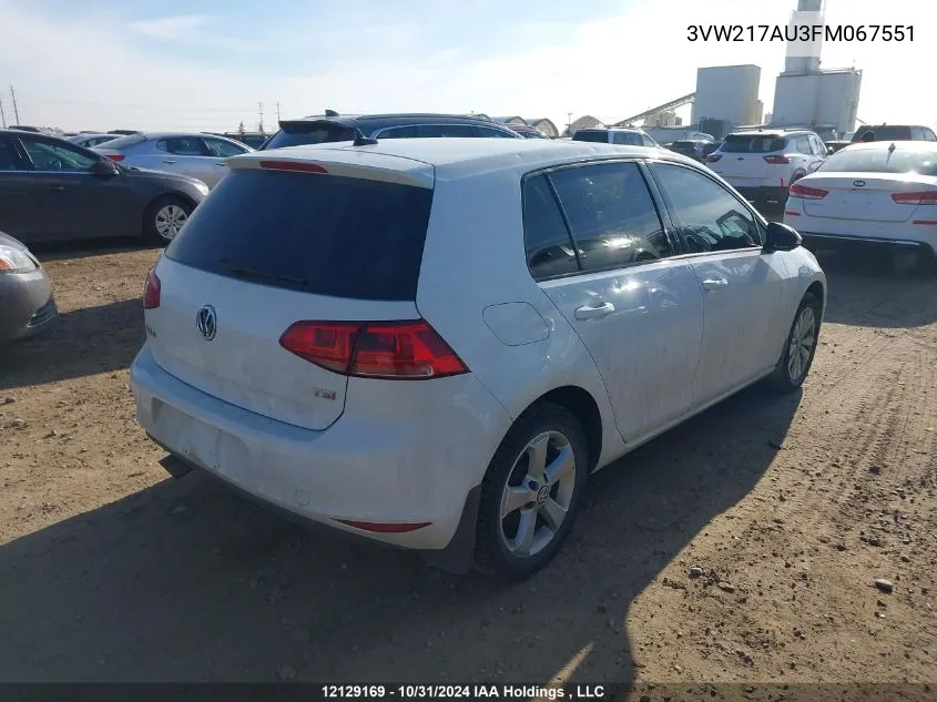 2015 Volkswagen Golf VIN: 3VW217AU3FM067551 Lot: 12129169