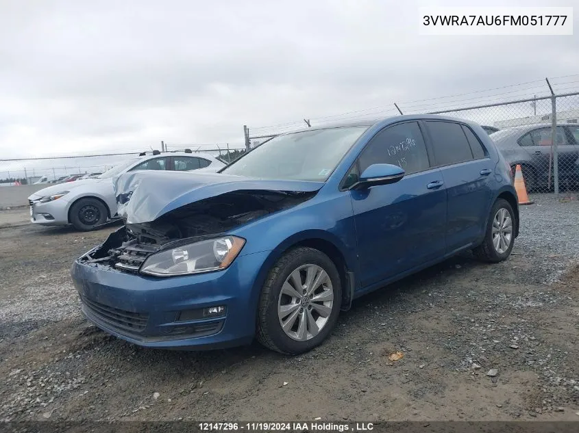 2015 Volkswagen Golf VIN: 3VWRA7AU6FM051777 Lot: 12147296