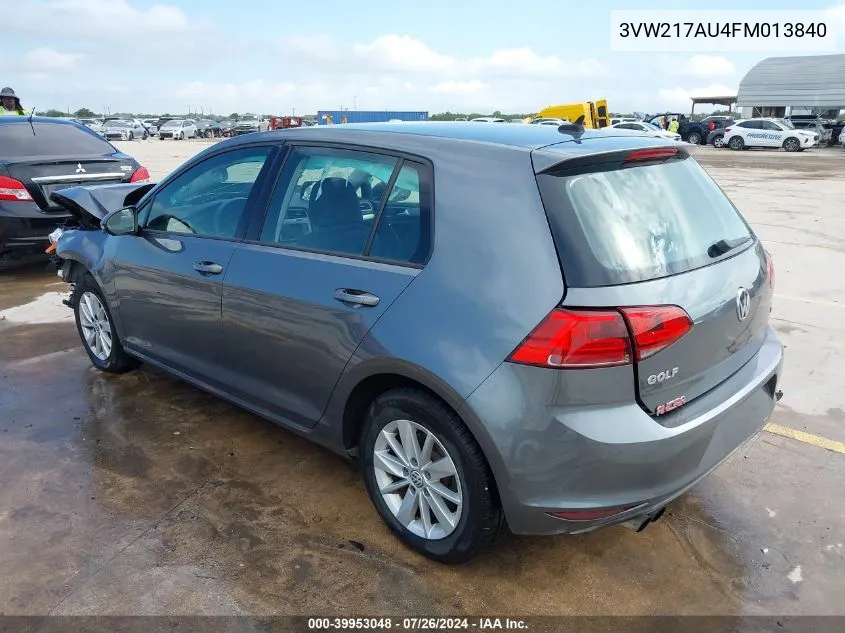 2015 Volkswagen Golf Tsi S 4-Door VIN: 3VW217AU4FM013840 Lot: 39953048