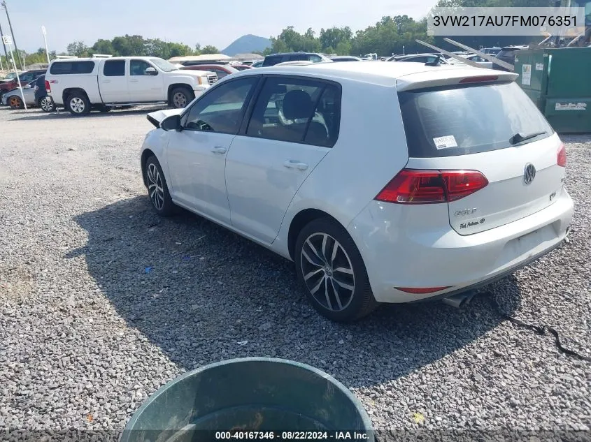 2015 Volkswagen Golf Tsi Se 4-Door VIN: 3VW217AU7FM076351 Lot: 40167346