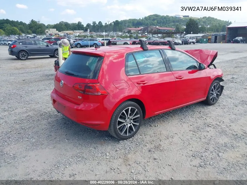 2015 Volkswagen Golf Tdi S 4-Door VIN: 3VW2A7AU6FM039341 Lot: 40229006