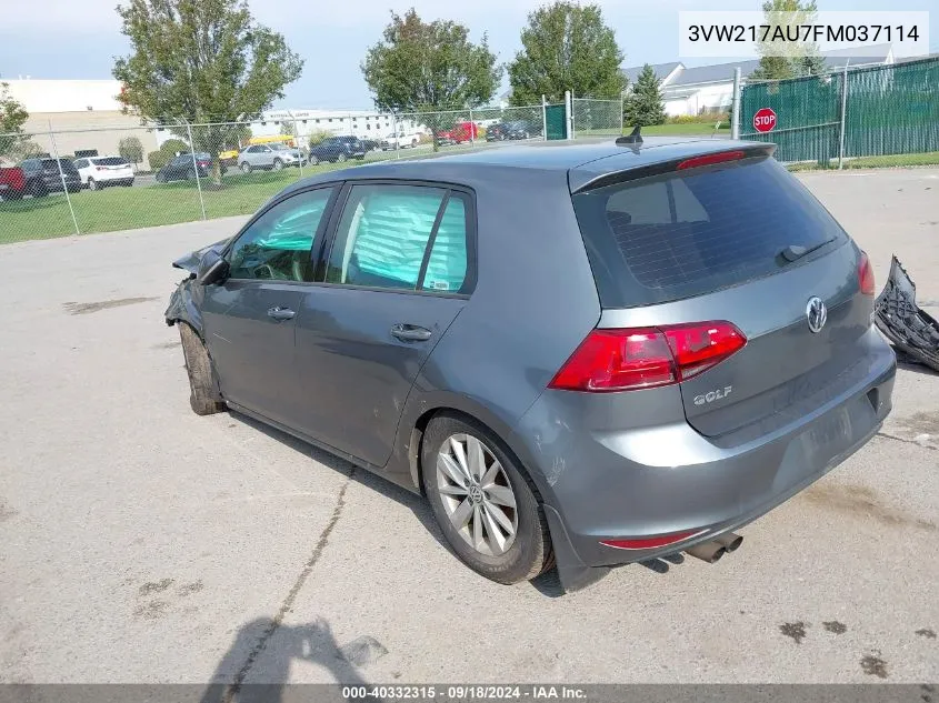 2015 Volkswagen Golf Tsi S 4-Door VIN: 3VW217AU7FM037114 Lot: 40332315