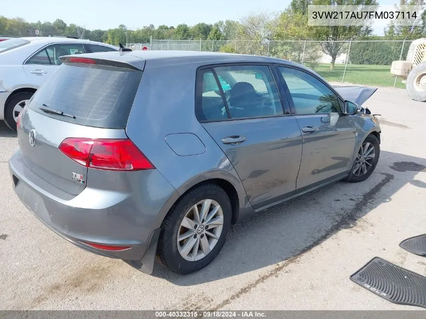 2015 Volkswagen Golf Tsi S 4-Door VIN: 3VW217AU7FM037114 Lot: 40332315