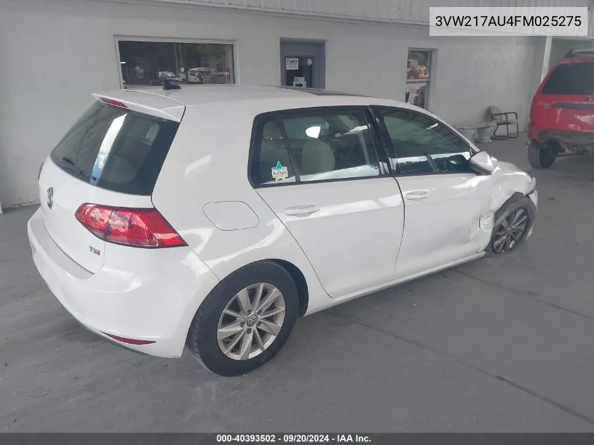 2015 Volkswagen Golf Tsi S 4-Door VIN: 3VW217AU4FM025275 Lot: 40393502