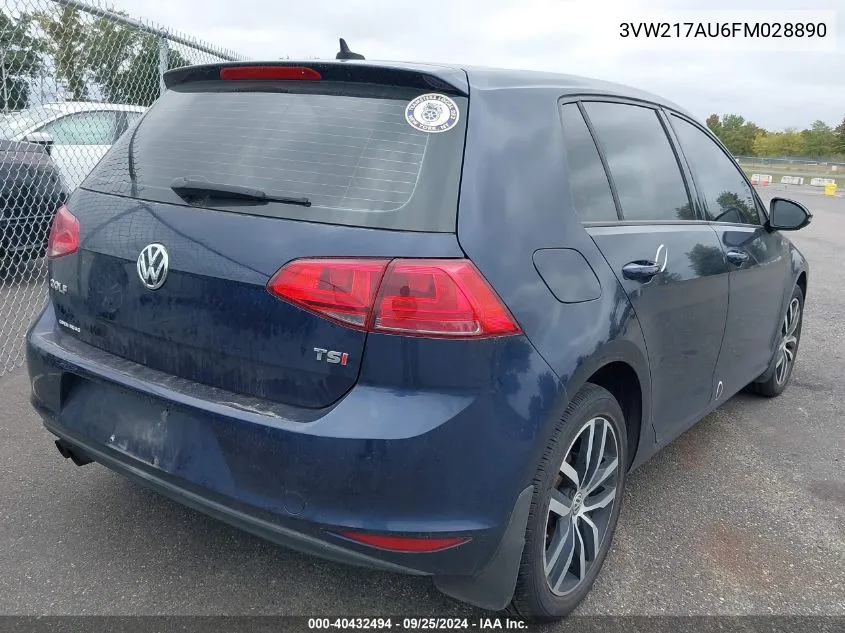 2015 Volkswagen Golf Tsi Se 4-Door VIN: 3VW217AU6FM028890 Lot: 40432494