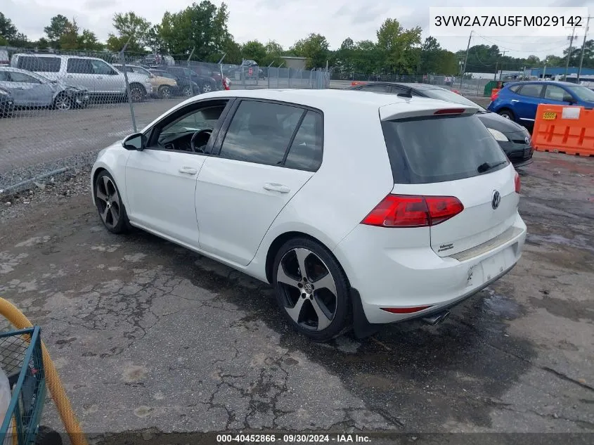 2015 Volkswagen Golf Tdi Sel 4-Door VIN: 3VW2A7AU5FM029142 Lot: 40452866