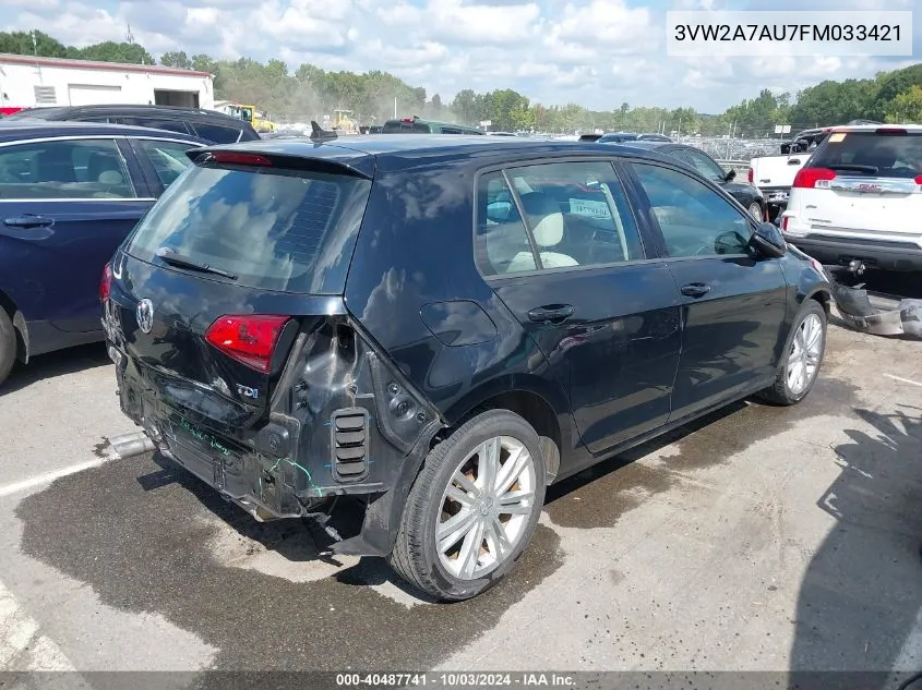 2015 Volkswagen Golf Tdi Se 4-Door VIN: 3VW2A7AU7FM033421 Lot: 40487741