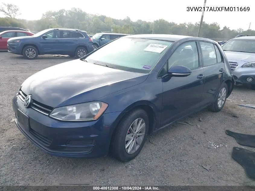 2015 Volkswagen Golf Tsi S 4-Door VIN: 3VW217AUXFM011669 Lot: 40512308