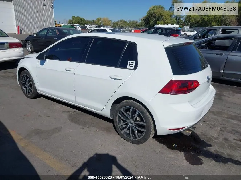 2015 Volkswagen Golf Tsi Se 4-Door VIN: 3VW217AU3FM043038 Lot: 40526326