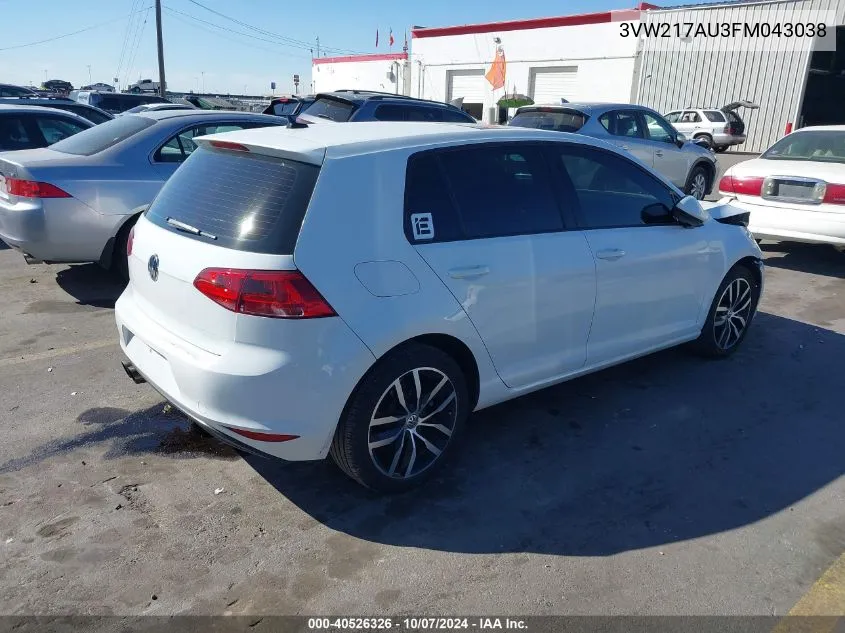 2015 Volkswagen Golf Tsi Se 4-Door VIN: 3VW217AU3FM043038 Lot: 40526326