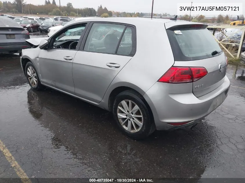 2015 Volkswagen Golf Tsi S 4-Door VIN: 3VW217AU5FM057121 Lot: 40735047