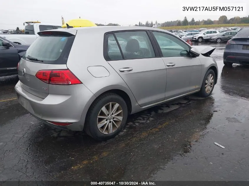 2015 Volkswagen Golf Tsi S 4-Door VIN: 3VW217AU5FM057121 Lot: 40735047