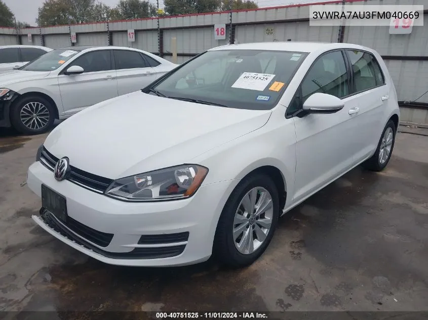 2015 Volkswagen Golf Tdi S 4-Door VIN: 3VWRA7AU3FM040669 Lot: 40751525