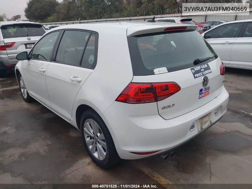 2015 Volkswagen Golf Tdi S 4-Door VIN: 3VWRA7AU3FM040669 Lot: 40751525