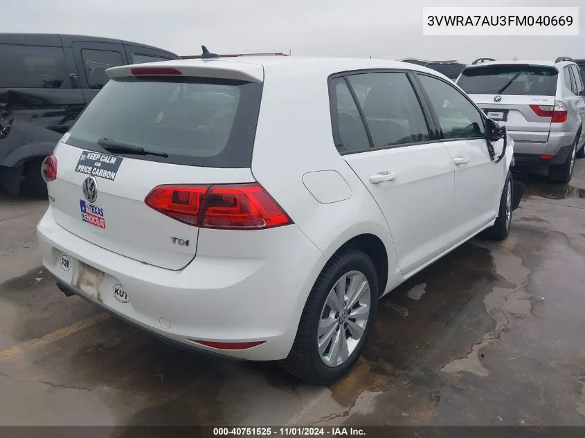 2015 Volkswagen Golf Tdi S 4-Door VIN: 3VWRA7AU3FM040669 Lot: 40751525