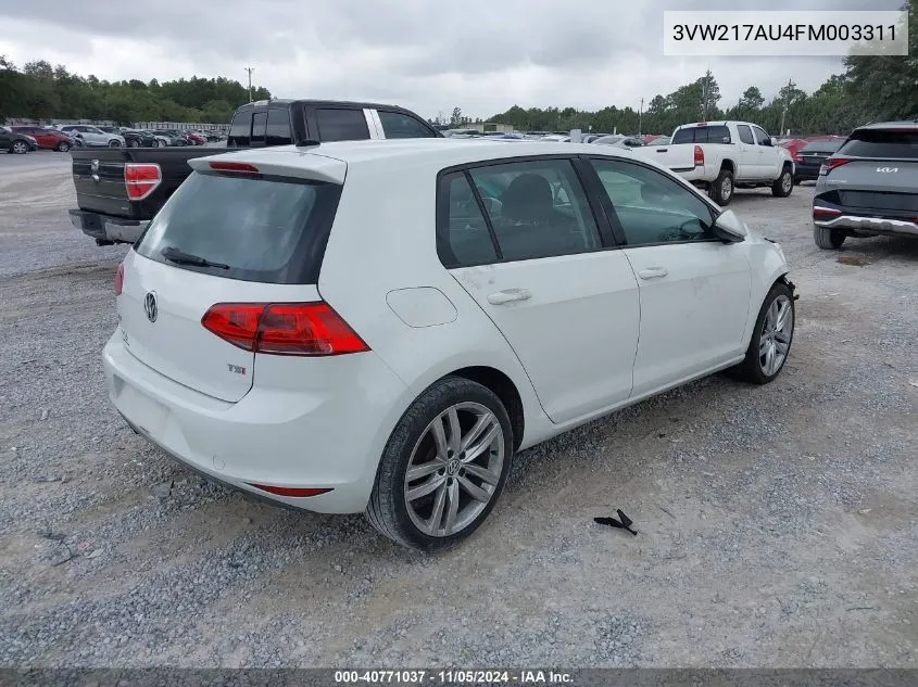 2015 Volkswagen Golf Tsi Sel 4-Door VIN: 3VW217AU4FM003311 Lot: 40771037