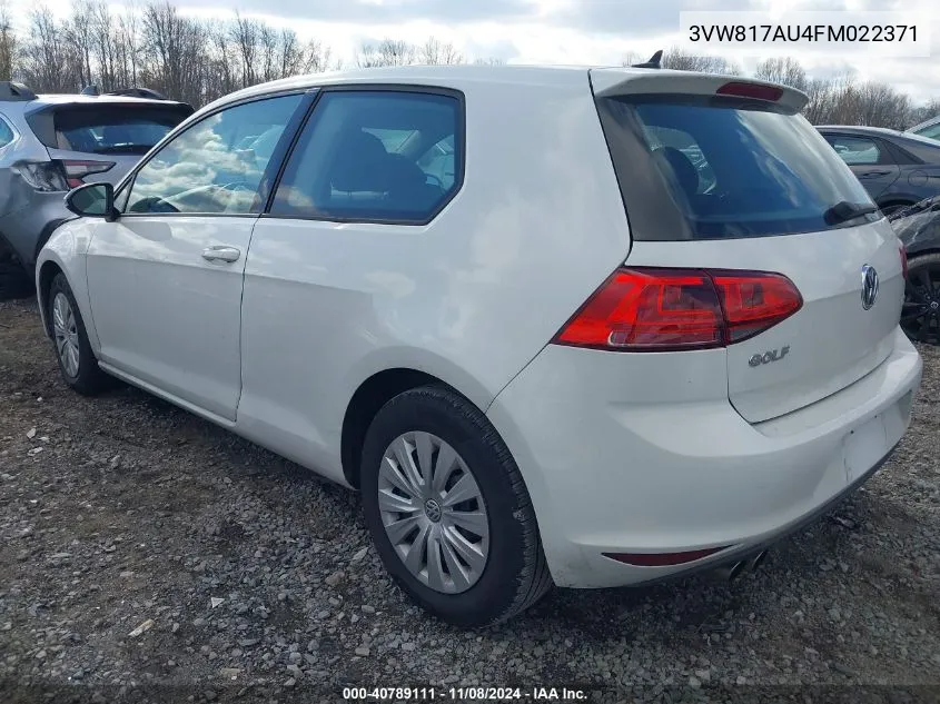 2015 Volkswagen Golf Launch Edition 2-Door VIN: 3VW817AU4FM022371 Lot: 40789111